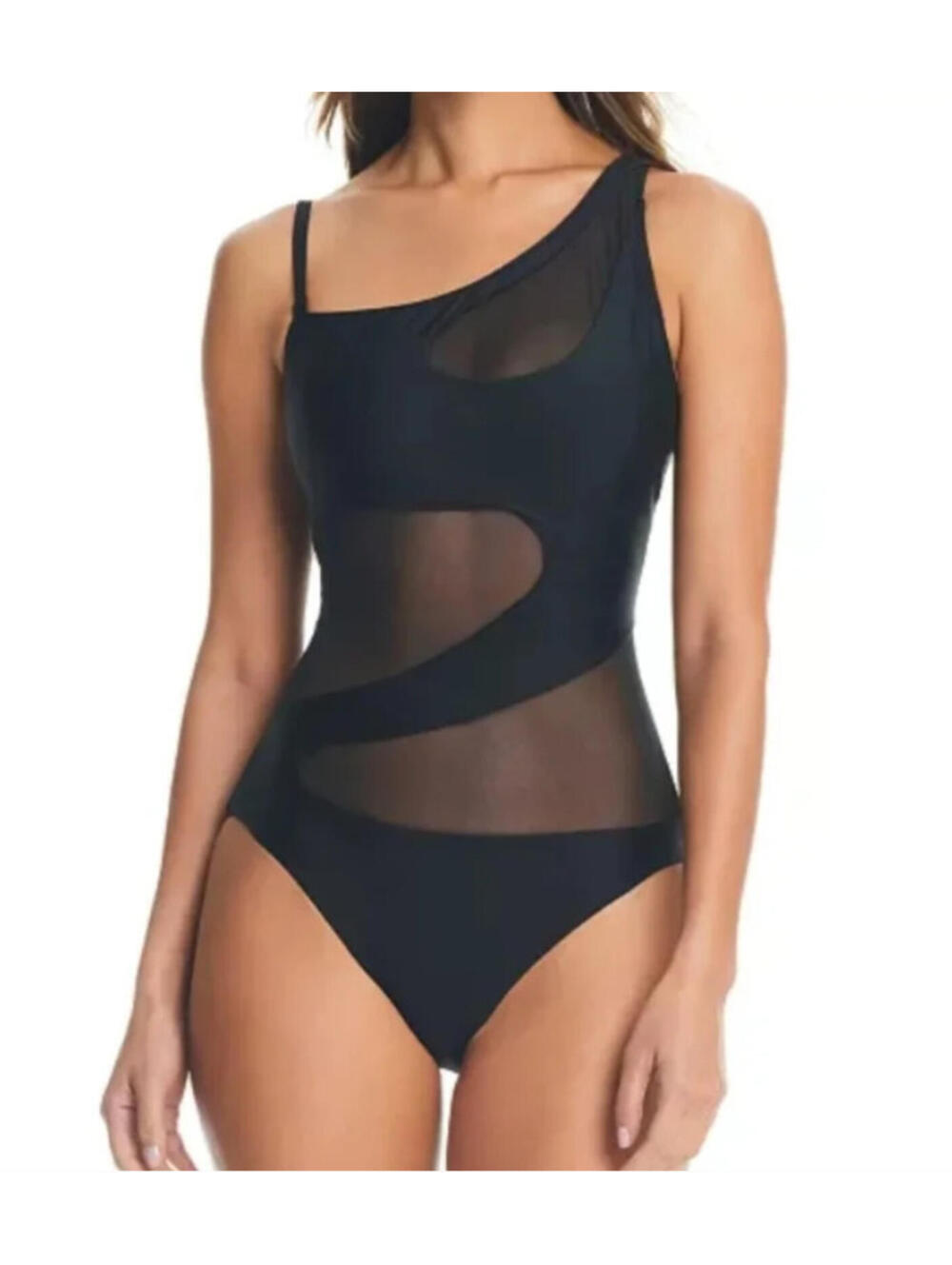 Bar III Black One-Shoulder Mesh Panel One-Piece Swimsuit